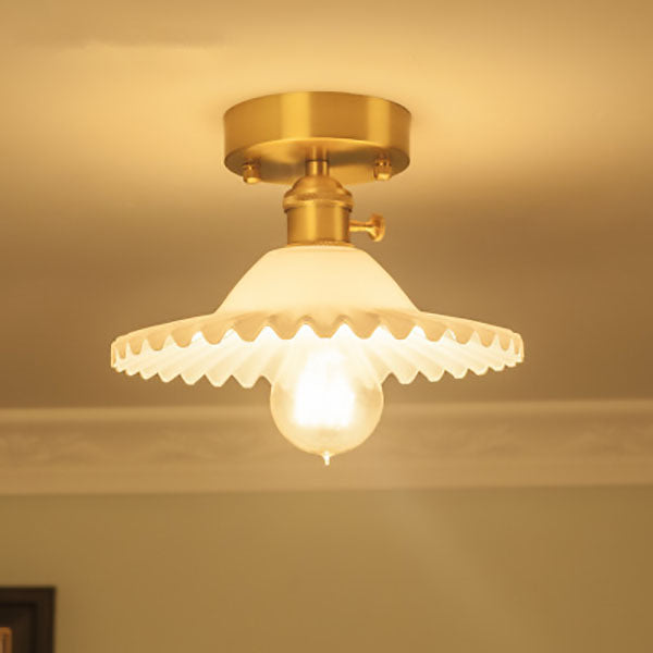 Vintage Round Ripple Brass Glass Semi-Flush Mount Light for Living Room