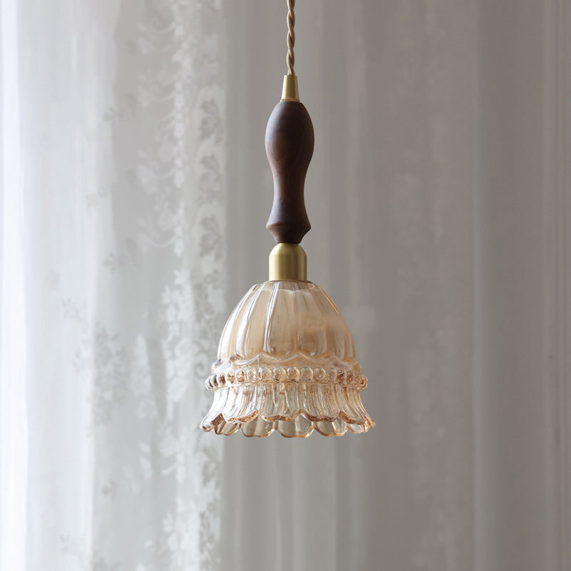 Traditional French Pastoral Walnut Jellyfish Pendant Light - 1-Light Glass Shade for Living Room