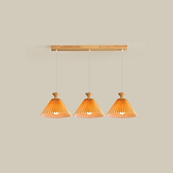 Traditional Japanese Rubberwood Pleated Cone Island Chandelier for Living Room