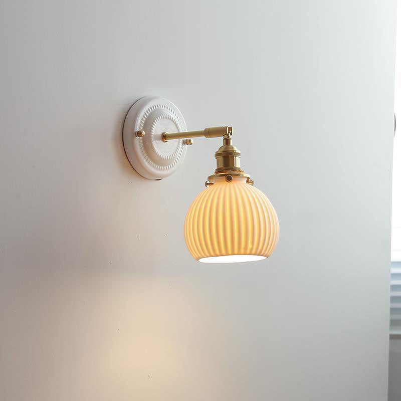 Vintage Round Ceramic Brass Wall Sconce Lamp - 1-Light Living Room Lighting