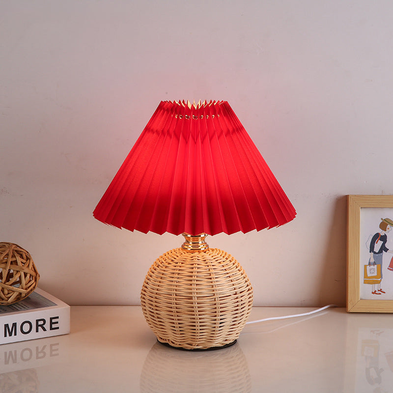 Contemporary Nordic Rattan Fabric Pleated Conic Ball LED Table Lamp Bedroom Decor Modern Lighting Elegant Home Accessories Stylish Bedroom Illumination Eco-Friendly Lighting Design Rustic Chic Table Lamp Warm White Glow Bedroom Aesthetic Sustainable Mater
