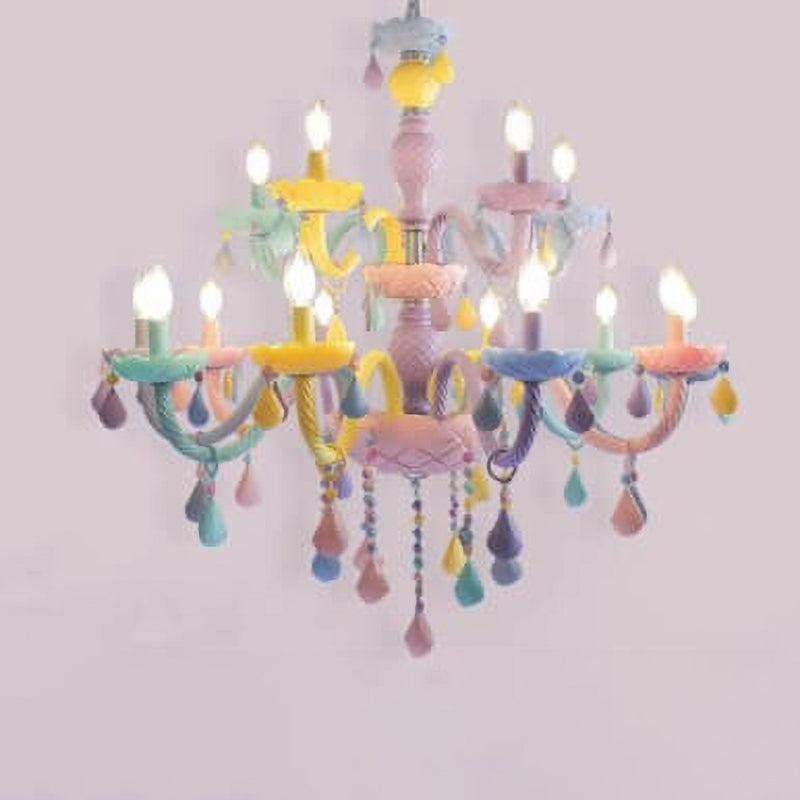 Modern Children's Princess Macaroon Candelabra Crystal Glass Chandelier 5/6/8/10/12/15 Light Fixture Elegant Decorative Lighting for Kids Room, Nursery, Playroom, Birthday Parties, Home Decor, Glamorous Princess Theme, Adjustable Hanging, Twinkling Illumi