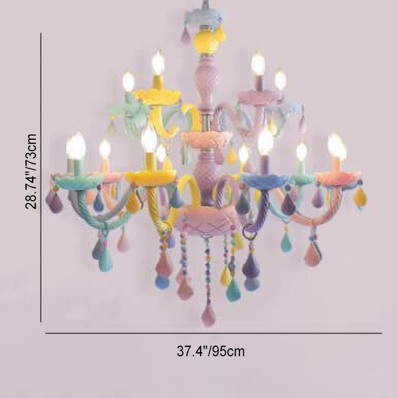 Modern Children's Princess Macaroon Candelabra Crystal Glass Chandelier 5/6/8/10/12/15 Light Fixture Elegant Decorative Lighting for Kids Room, Nursery, Playroom, Birthday Parties, Home Decor, Glamorous Princess Theme, Adjustable Hanging, Twinkling Illumi