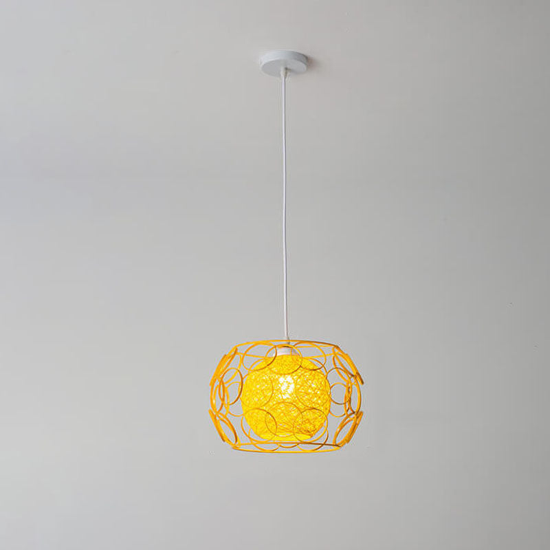 Modern Hemp Ball Pendant Light - Minimalist Iron Drum Fixture for Living Room