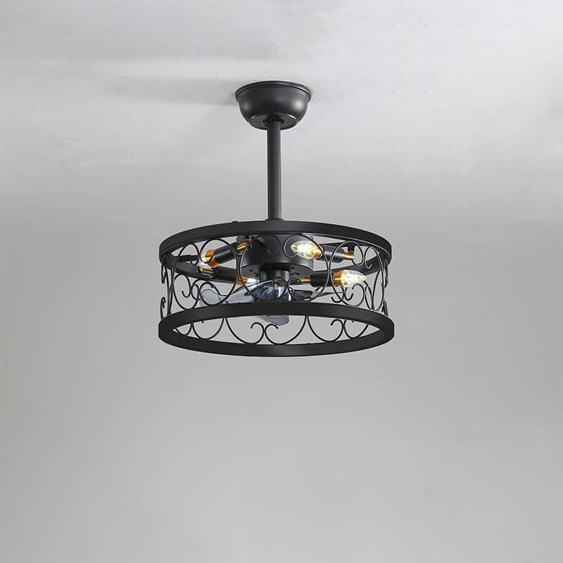 Industrial Minimalist Copper Iron Semi-Flush Mount Ceiling Fan Light - 4-Light Round Square Design