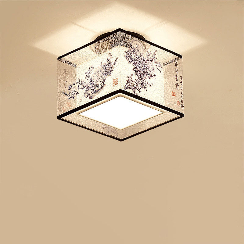 Traditional Chinese Square Iron Semi-Flush Mount Ceiling Light for Hallway