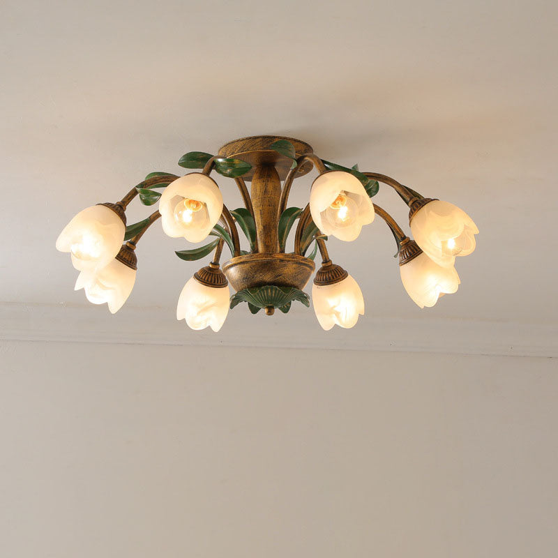 Traditional Rustic Floral Iron Glass Semi-Flush Mount Ceiling Light for Living Room - 6/8/10 Light Options