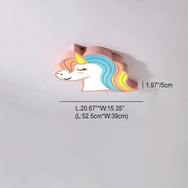 Modern Childlike Unicorn Cartoon Iron Acrylic LED Flush Mount Ceiling Light, Unicorn Ceiling Light for Kids Room, Cute Unicorn Lighting Fixture, LED Flush Mount Light Kids, Colorful Unicorn Decor, Children's Bedroom Lighting, Playful Unicorn Design, Creat