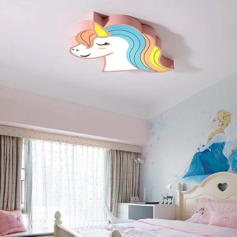 Modern Childlike Unicorn Cartoon Iron Acrylic LED Flush Mount Ceiling Light, Unicorn Ceiling Light for Kids Room, Cute Unicorn Lighting Fixture, LED Flush Mount Light Kids, Colorful Unicorn Decor, Children's Bedroom Lighting, Playful Unicorn Design, Creat