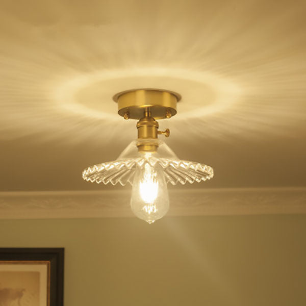 Vintage Round Ripple Brass Glass Semi-Flush Mount Light for Living Room