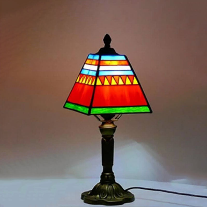 Traditional Tiffany Square Stained Glass Table Lamp - 1-Light Iron Fixture for Bedroom Decor