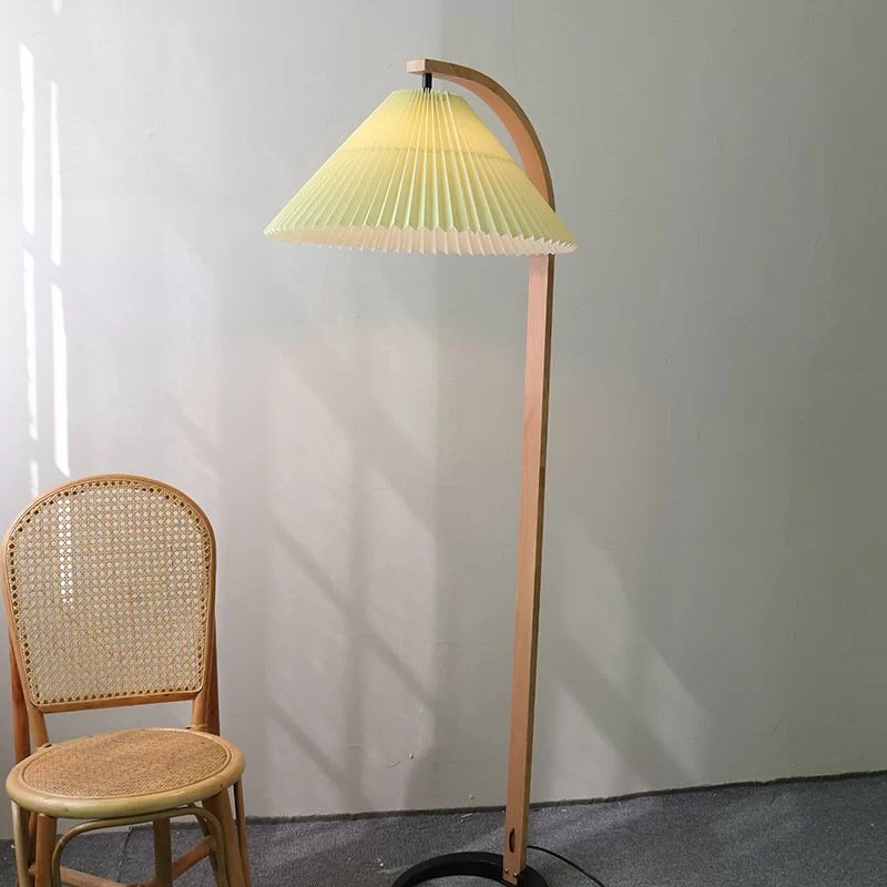 Traditional Japanese Pleated Cone Floor Lamp with Arc Wood Pole - 1-Light Design for Home Office Decor