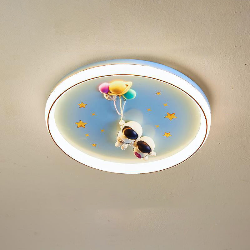 Contemporary Cartoon Planet Resin Astronaut Acrylic Round Shade LED Kids Flush Mount Ceiling Light for Bedroom, Nursery Ceiling Fixture, Space Theme Room Decor, Childrens Lighting, Modern Kids Bedroom Illumination, Fun Astronaut Design, Colorful Space Adv