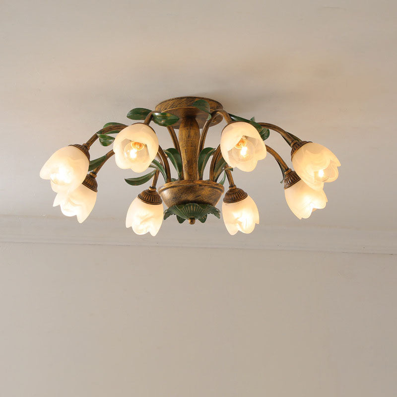 Traditional Rustic Floral Iron Glass Semi-Flush Mount Ceiling Light for Living Room - 6/8/10 Light Options