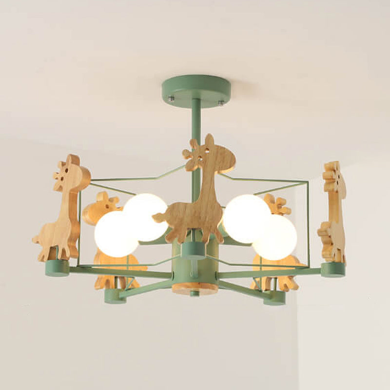 Scandinavian Modern Childlike Giraffe Diamond Pentagram Windmill Iron Wood Glass 4/5 Light Semi-Flush Mount Ceiling Light Fixture for Kids Room, Playroom, Nursery, Contemporary Lighting, Unique Home Decor, Animal Theme, Adjustable Height, Energy Efficient