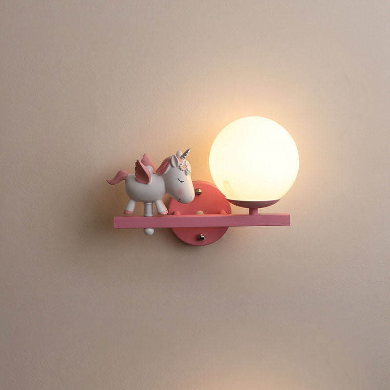 Contemporary Girls Unicorn Orb Resin Iron Glass 1-Light Wall Sconce Lamp for Bedroom Home Decor Fantasy Lighting, Kids Room Unicorn Decor, Unique Wall Light Fixture, Playful Nursery Illumination, Magical Bedroom Accessories
