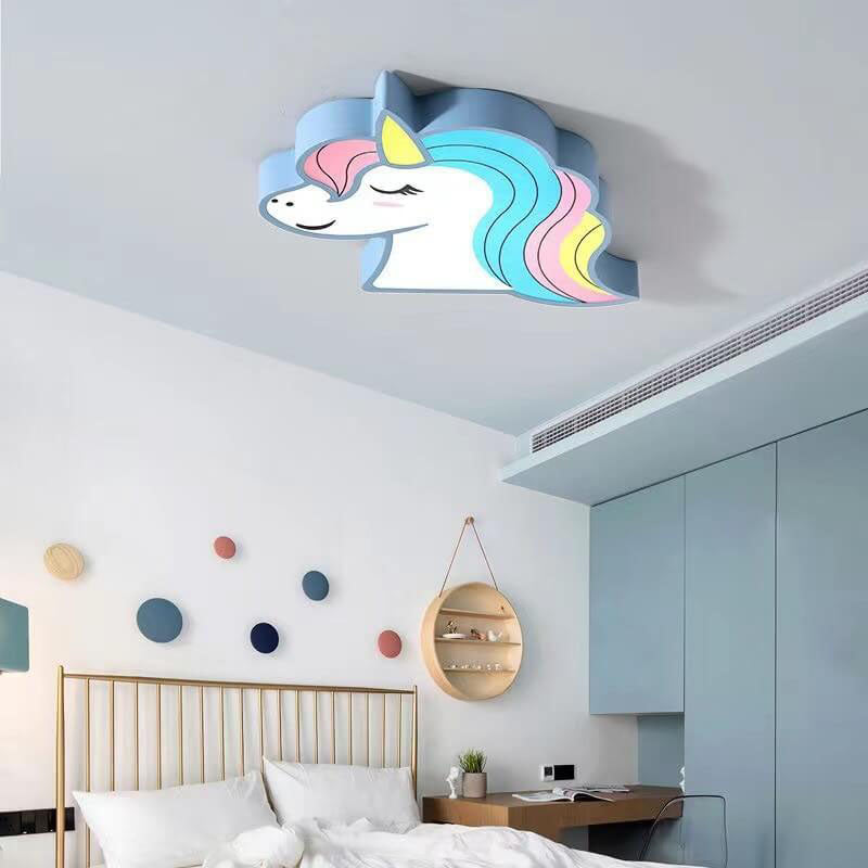 Modern Childlike Unicorn Cartoon Iron Acrylic LED Flush Mount Ceiling Light, Unicorn Ceiling Light for Kids Room, Cute Unicorn Lighting Fixture, LED Flush Mount Light Kids, Colorful Unicorn Decor, Children's Bedroom Lighting, Playful Unicorn Design, Creat