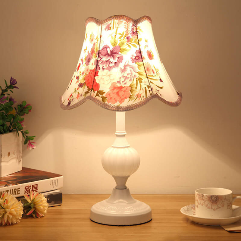 Nordic Vintage Floral Glass Fabric 1-Light Table Lamp, Retro Home Decor, Bohemian Lighting Fixture, Elegant Nightstand Lamp, Unique Bedroom Decor, Scandinavian Style Illumination, Antique Inspired Accent Light, Decorative Glass Shade Lamp, Soft Ambient Li