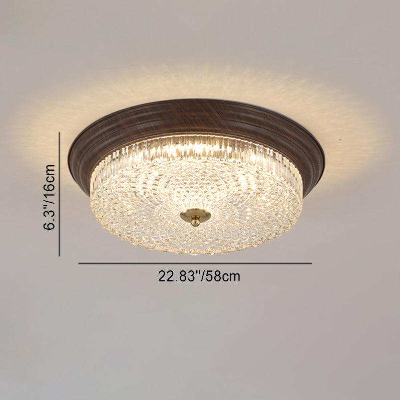Vintage Round Crystal Glass LED Flush Mount Ceiling Light - Wooden Grain Design for Living Room