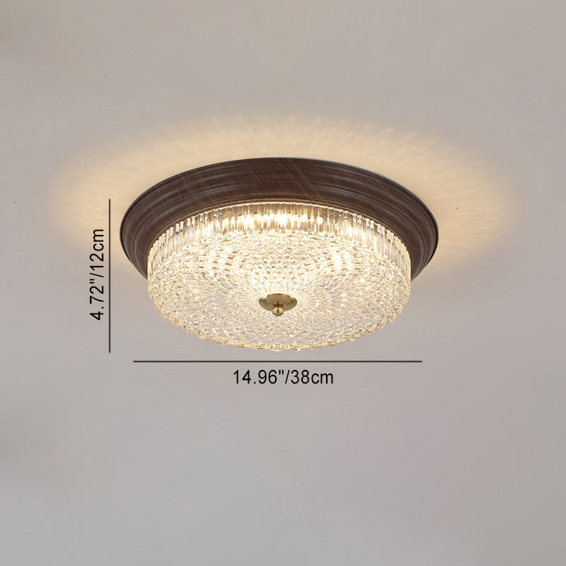 Vintage Round Crystal Glass LED Flush Mount Ceiling Light - Wooden Grain Design for Living Room