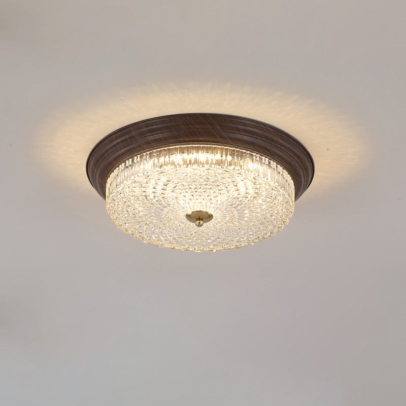 Vintage Round Crystal Glass LED Flush Mount Ceiling Light - Wooden Grain Design for Living Room