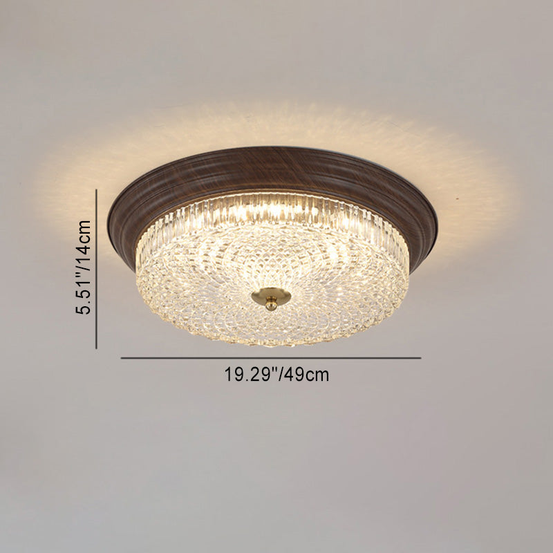 Vintage Round Crystal Glass LED Flush Mount Ceiling Light - Wooden Grain Design for Living Room