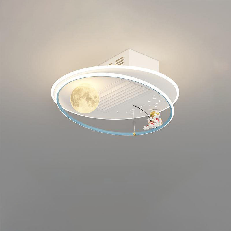 Contemporary Acrylic Astronaut Moon LED Ceiling Fan Light - Kids Bedroom Flush Mount, Invisible Bladeless Design.