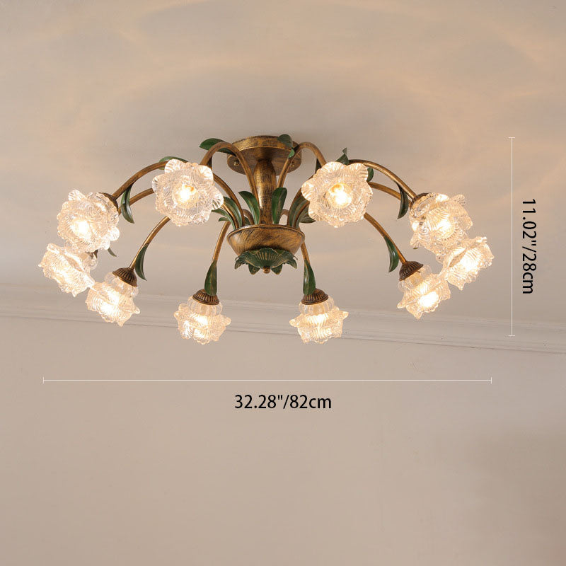 Traditional Rustic Floral Iron Glass Semi-Flush Mount Ceiling Light for Living Room - 6/8/10 Light Options