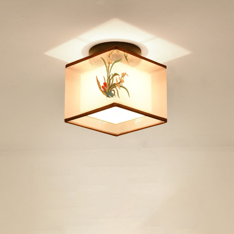 Traditional Chinese Square Iron Semi-Flush Mount Ceiling Light for Hallway