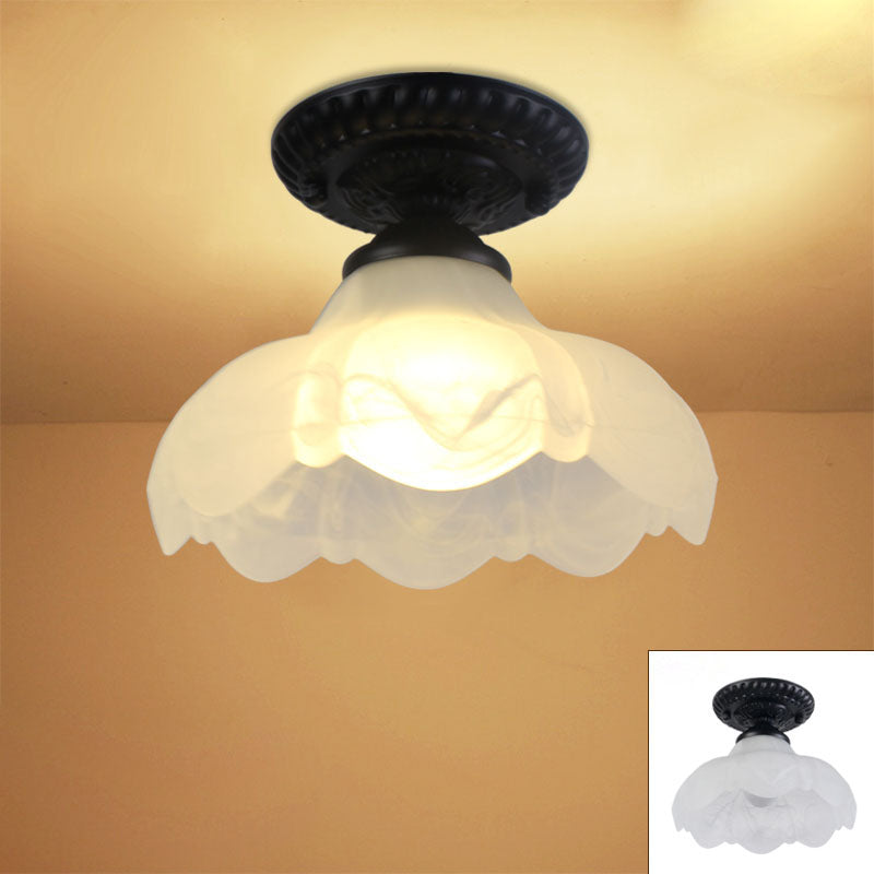 Contemporary Retro Floral Semi-Flush Mount Ceiling Light - Bell Round Iron & Glass for Hallway