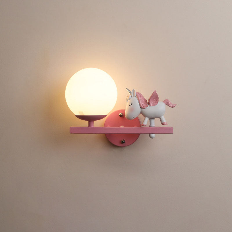 Contemporary Girls Unicorn Orb Resin Iron Glass 1-Light Wall Sconce Lamp for Bedroom Home Decor Fantasy Lighting, Kids Room Unicorn Decor, Unique Wall Light Fixture, Playful Nursery Illumination, Magical Bedroom Accessories
