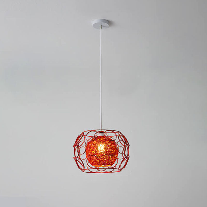 Modern Hemp Ball Pendant Light - Minimalist Iron Drum Fixture for Living Room