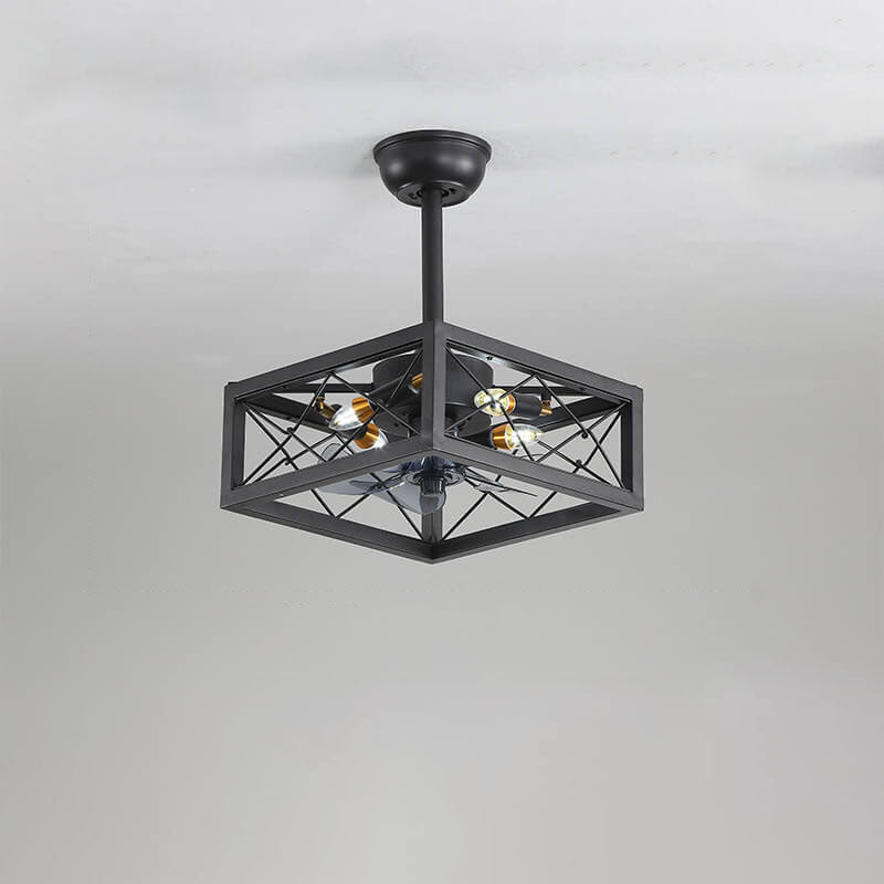 Industrial Minimalist Copper Iron Semi-Flush Mount Ceiling Fan Light - 4-Light Round Square Design