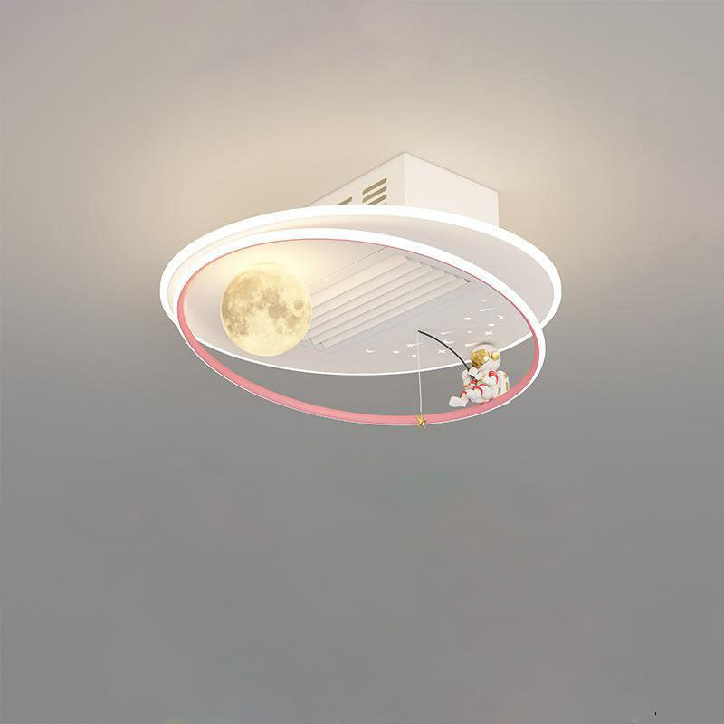 Contemporary Acrylic Astronaut Moon LED Ceiling Fan Light - Kids Bedroom Flush Mount, Invisible Bladeless Design.