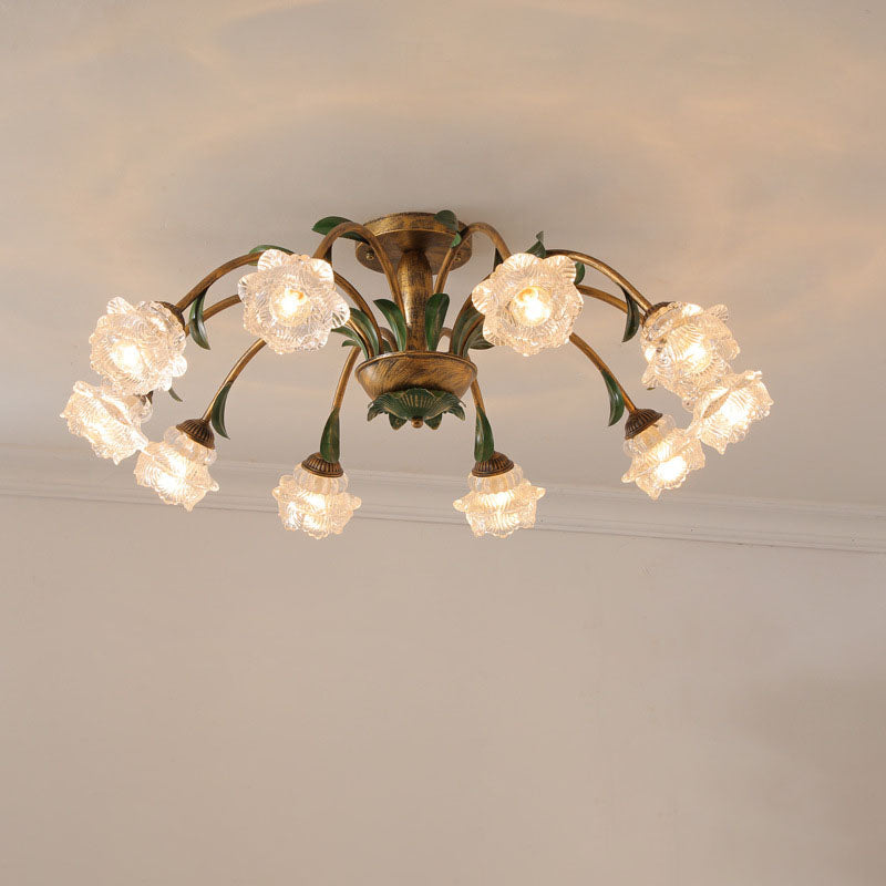Traditional Rustic Floral Iron Glass Semi-Flush Mount Ceiling Light for Living Room - 6/8/10 Light Options