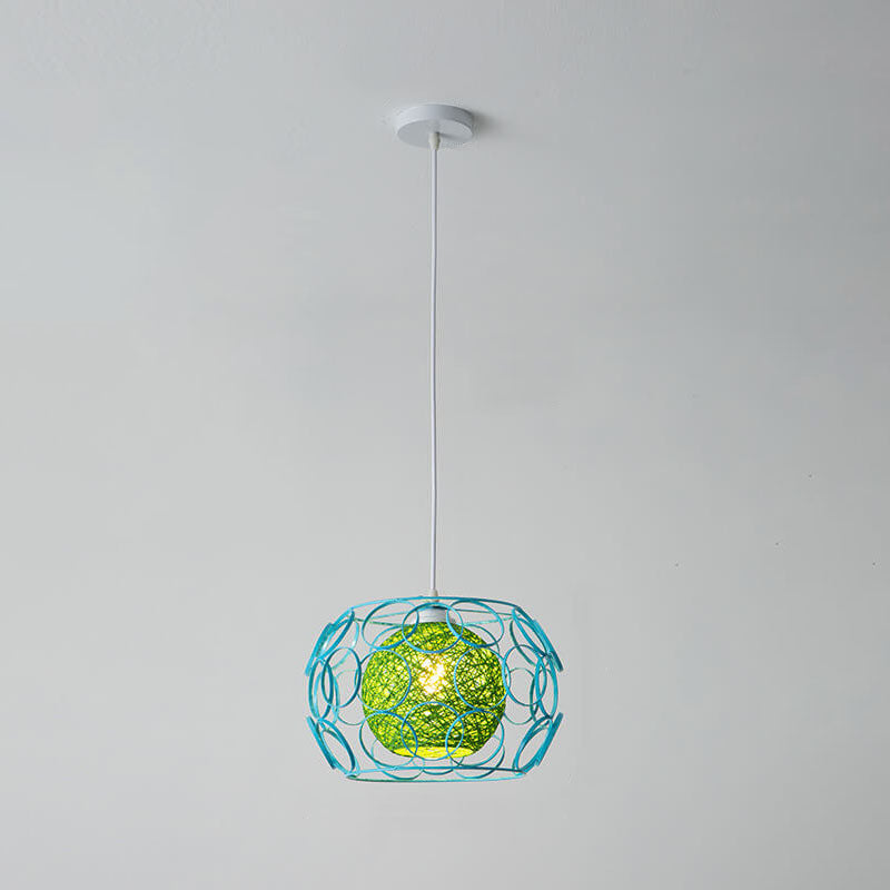 Modern Hemp Ball Pendant Light - Minimalist Iron Drum Fixture for Living Room