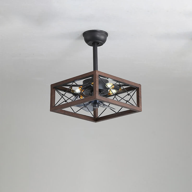 Industrial Minimalist Copper Iron Semi-Flush Mount Ceiling Fan Light - 4-Light Round Square Design