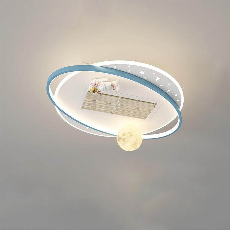Contemporary Acrylic Astronaut Moon LED Ceiling Fan Light - Kids Bedroom Flush Mount, Invisible Bladeless Design.
