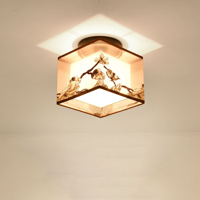 Traditional Chinese Square Iron Semi-Flush Mount Ceiling Light for Hallway