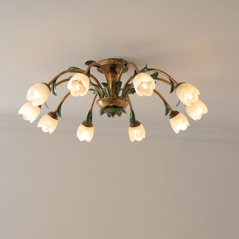 Traditional Rustic Floral Iron Glass Semi-Flush Mount Ceiling Light for Living Room - 6/8/10 Light Options