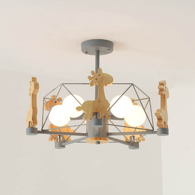 Scandinavian Modern Childlike Giraffe Diamond Pentagram Windmill Iron Wood Glass 4/5 Light Semi-Flush Mount Ceiling Light Fixture for Kids Room, Playroom, Nursery, Contemporary Lighting, Unique Home Decor, Animal Theme, Adjustable Height, Energy Efficient