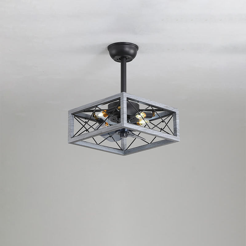 Industrial Minimalist Copper Iron Semi-Flush Mount Ceiling Fan Light - 4-Light Round Square Design