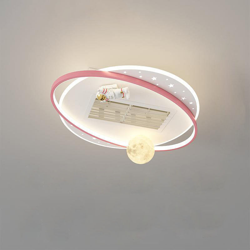 Contemporary Acrylic Astronaut Moon LED Ceiling Fan Light - Kids Bedroom Flush Mount, Invisible Bladeless Design.