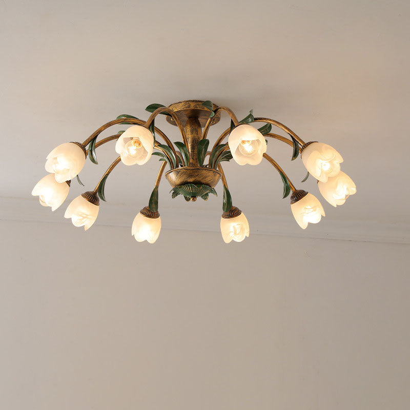 Traditional Rustic Floral Iron Glass Semi-Flush Mount Ceiling Light for Living Room - 6/8/10 Light Options