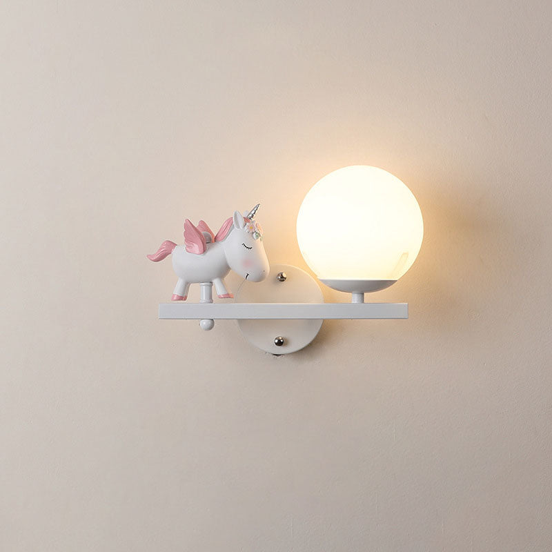 Contemporary Girls Unicorn Orb Resin Iron Glass 1-Light Wall Sconce Lamp for Bedroom Home Decor Fantasy Lighting, Kids Room Unicorn Decor, Unique Wall Light Fixture, Playful Nursery Illumination, Magical Bedroom Accessories
