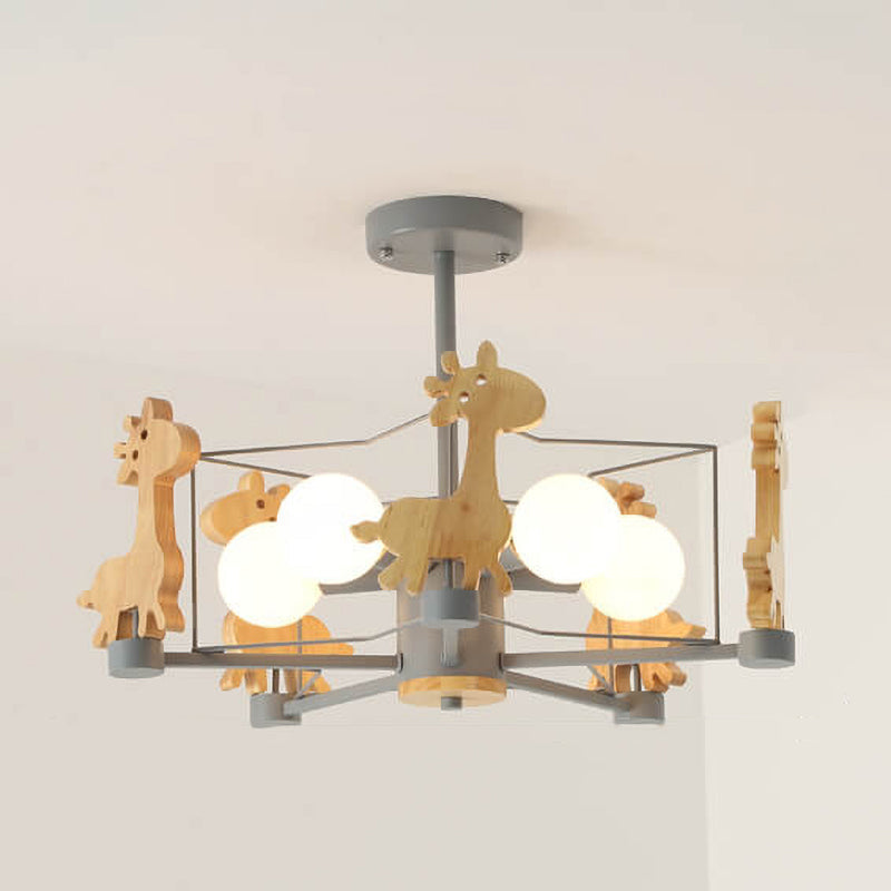 Scandinavian Modern Childlike Giraffe Diamond Pentagram Windmill Iron Wood Glass 4/5 Light Semi-Flush Mount Ceiling Light Fixture for Kids Room, Playroom, Nursery, Contemporary Lighting, Unique Home Decor, Animal Theme, Adjustable Height, Energy Efficient