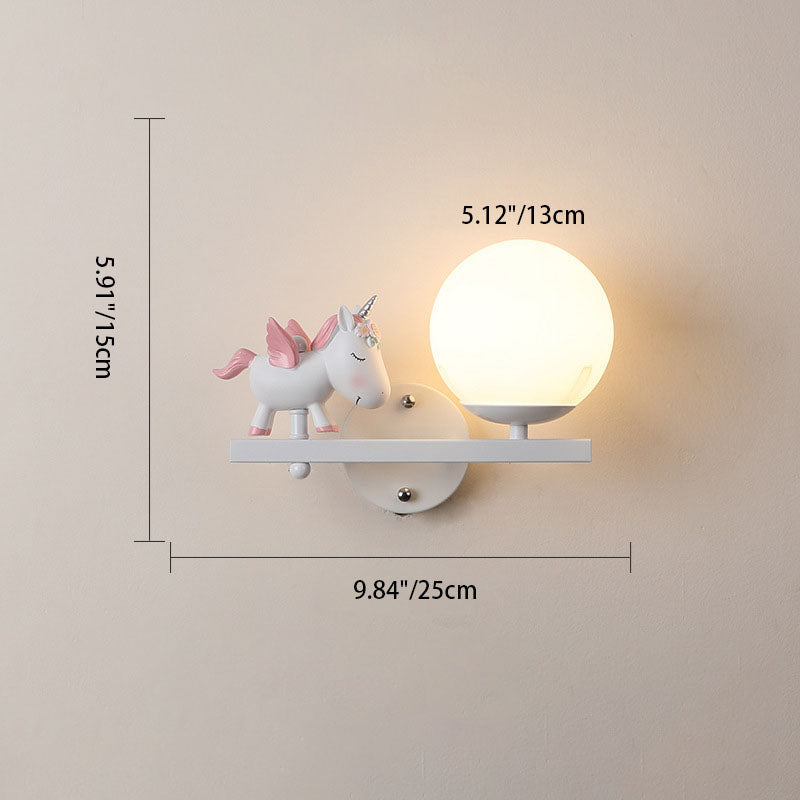 Contemporary Girls Unicorn Orb Resin Iron Glass 1-Light Wall Sconce Lamp for Bedroom Home Decor Fantasy Lighting, Kids Room Unicorn Decor, Unique Wall Light Fixture, Playful Nursery Illumination, Magical Bedroom Accessories