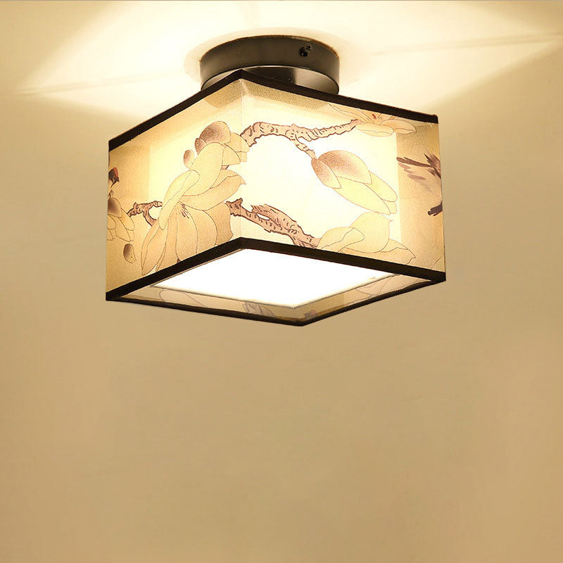 Traditional Chinese Square Iron Semi-Flush Mount Ceiling Light for Hallway
