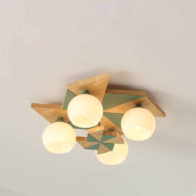 Scandinavian Modern Childlike Giraffe Diamond Pentagram Windmill Iron Wood Glass 4/5 Light Semi-Flush Mount Ceiling Light Fixture for Kids Room, Playroom, Nursery, Contemporary Lighting, Unique Home Decor, Animal Theme, Adjustable Height, Energy Efficient