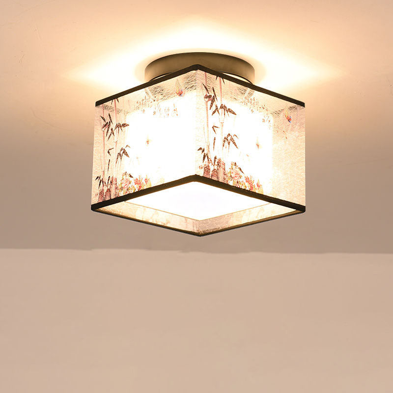 Traditional Chinese Square Iron Semi-Flush Mount Ceiling Light for Hallway